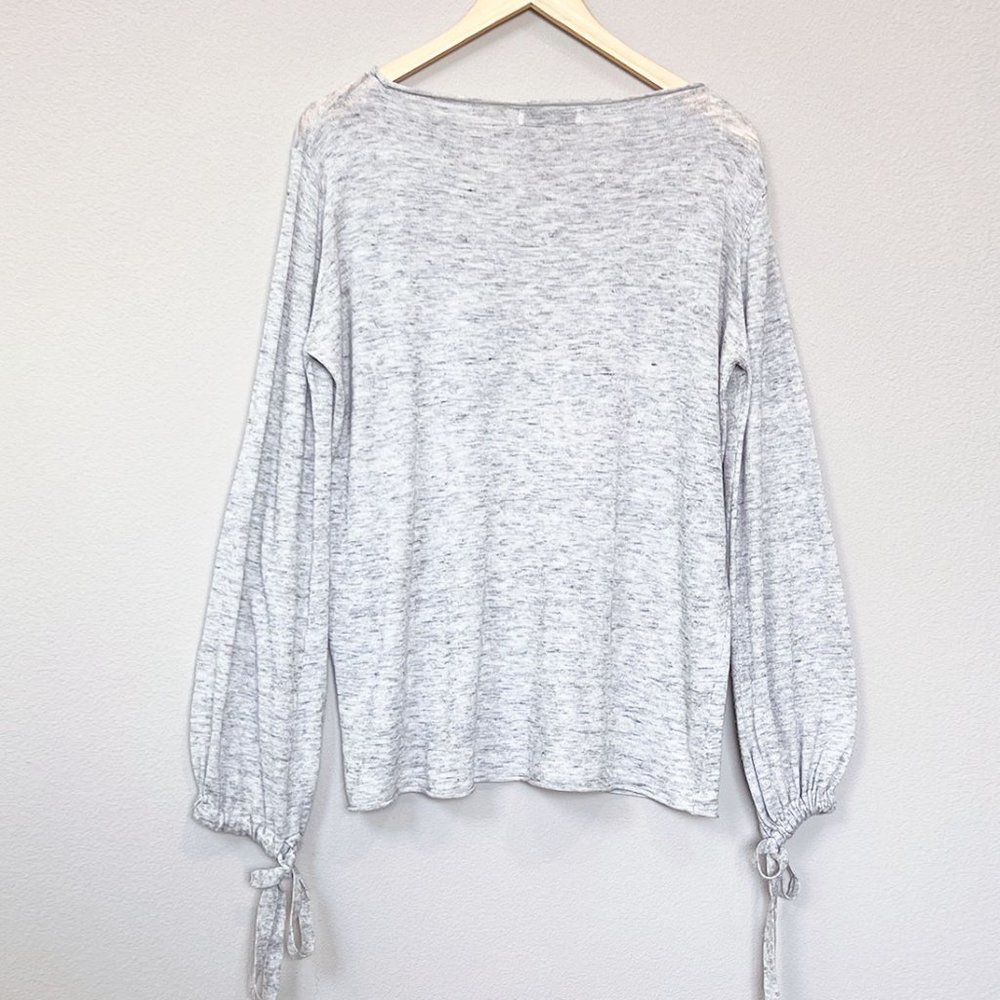 Zara Heather Gray Long Bow Tie Strap Cuff Balloon Sleeves Light Weight Sweater S - Picture 6 of 11
